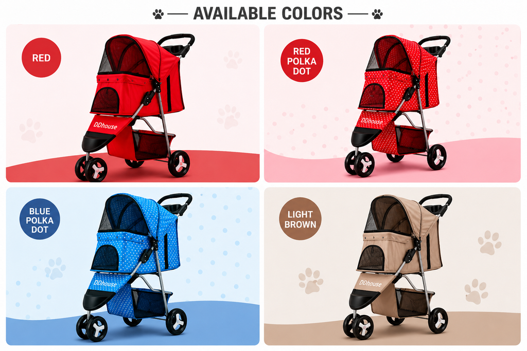 Classic 3-Wheel Pet Stroller with Storage Basket & Mesh Ventilation
