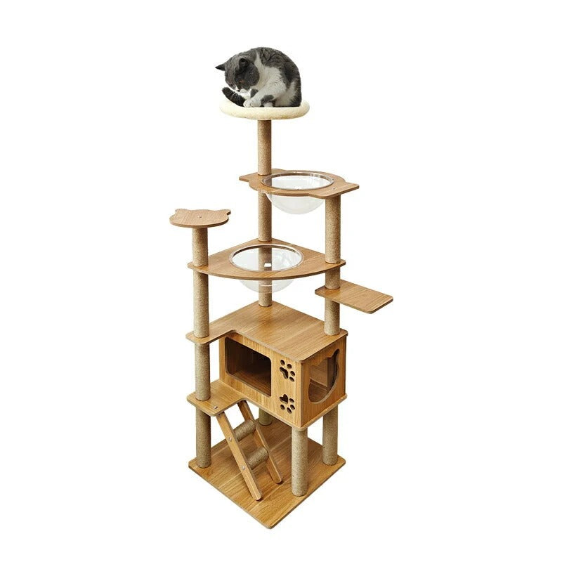160cm Furniture Wooden Multi-Level Cat Tower with Clear Space Pods