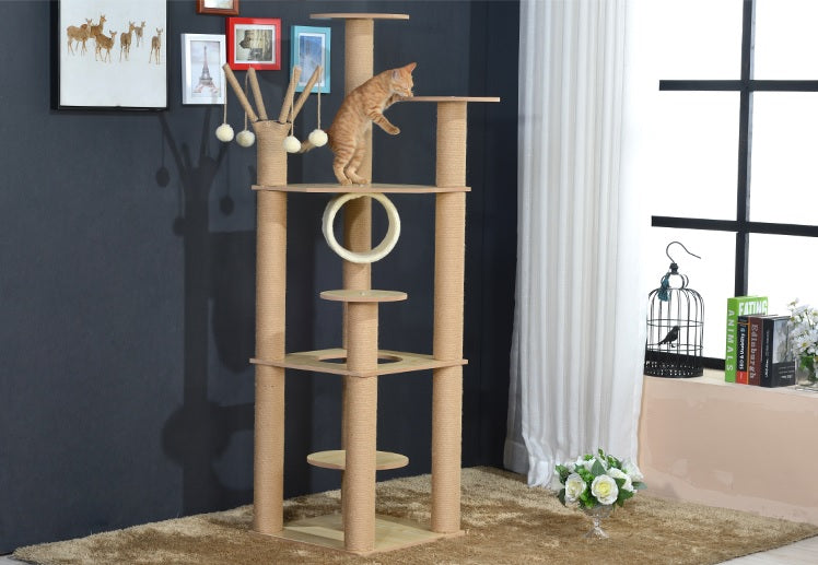 Mid-Height Furniture Wood Cat Tree With hanging Balls